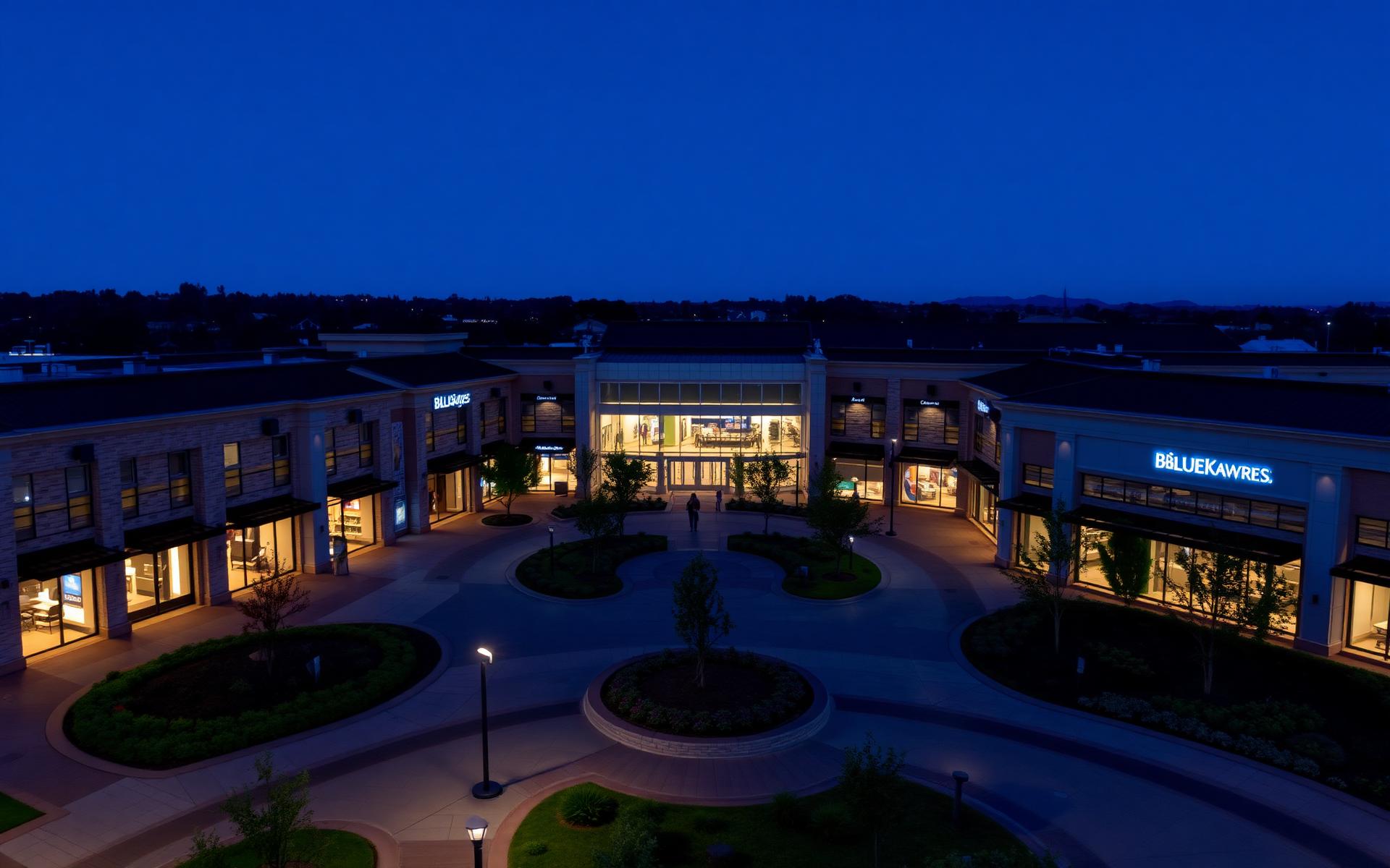 Modern upscale open-air retail center at twilight